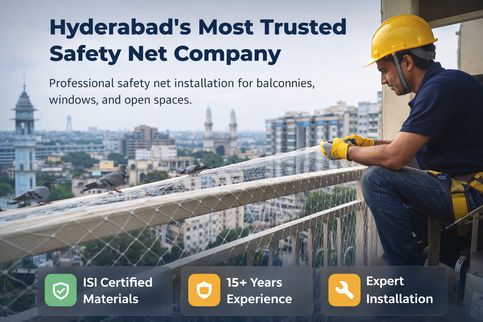 JNS Safety Nets team professionally installing safety nets on apartment building in Hyderabad